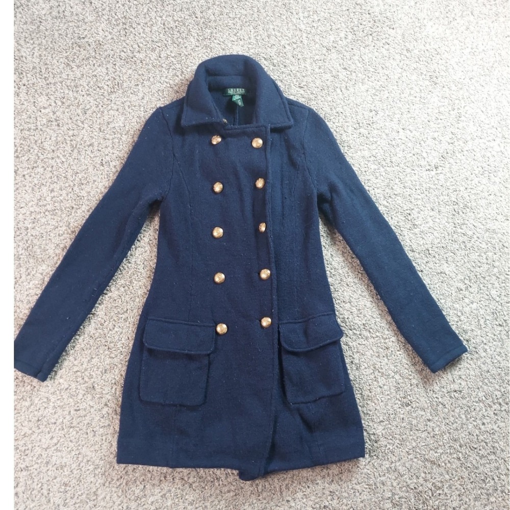 Lauren Ralph Lauren Military Knit Coat PXS Navy Blue Women Petite Gold Button